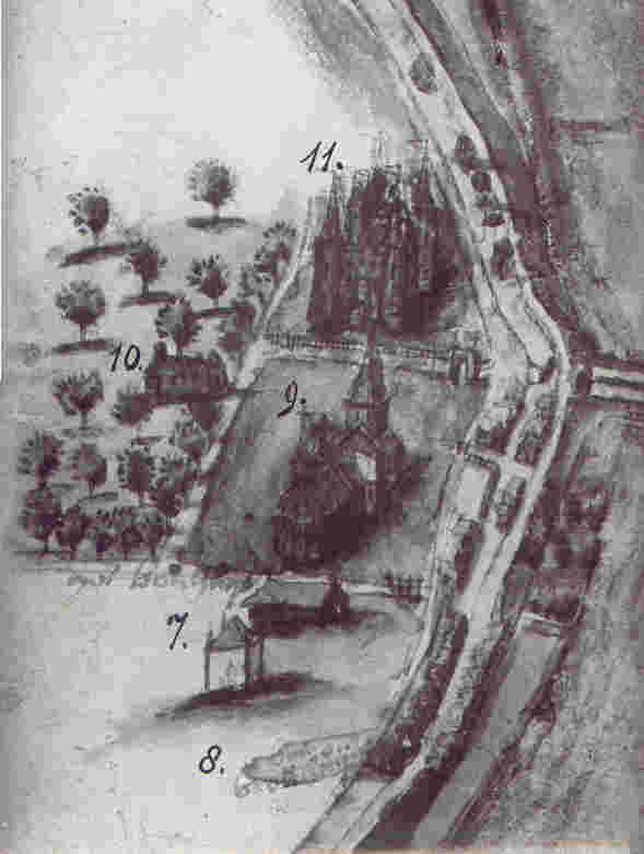 Op de tekening de kerk (9) en het slot (11) van IJsselmonde omstreeks 1567. Verder ziet u de pastorie (10), het bouwhuis (7) en het bronhuis (8).